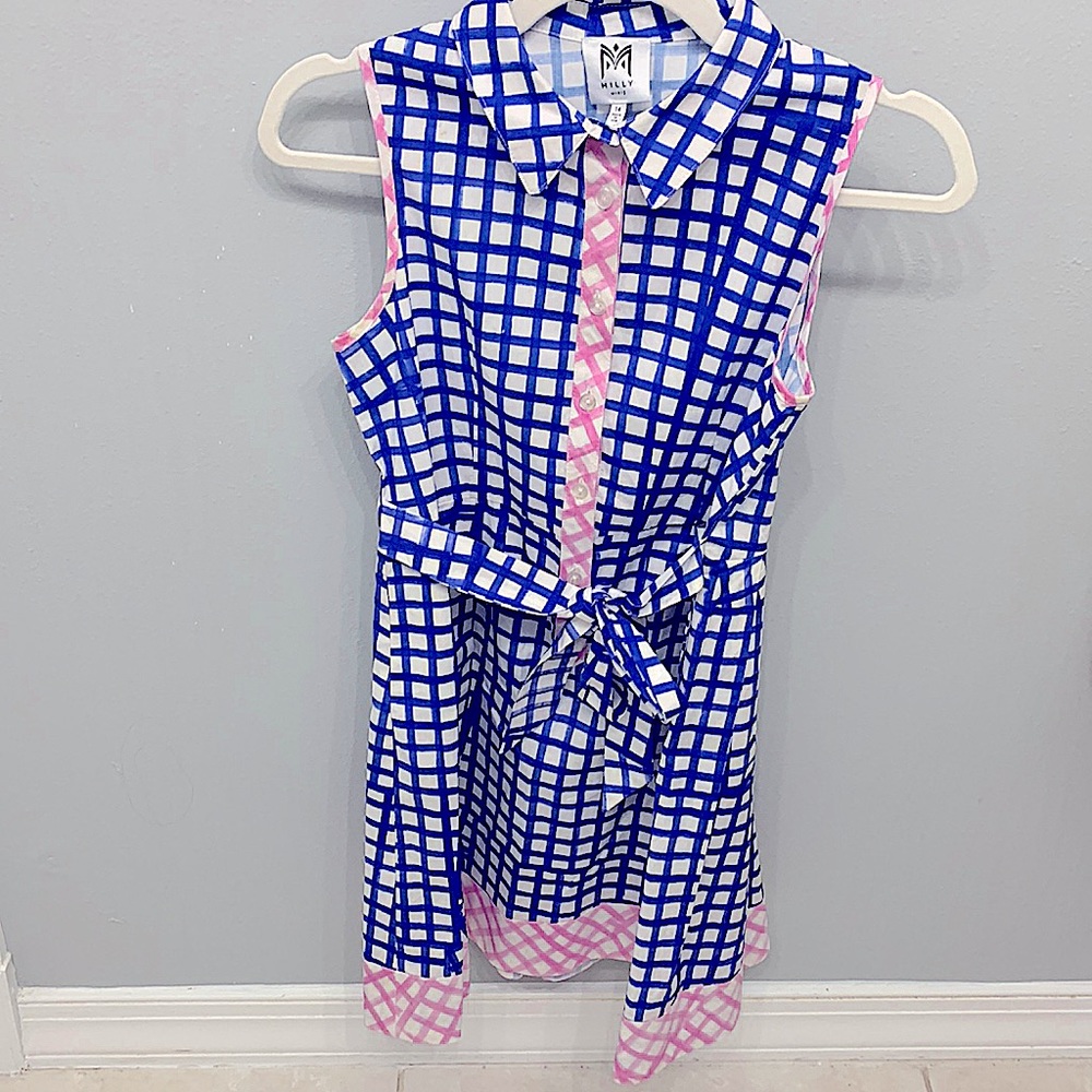 milly minis collared blue,pink, and white check pleated dress 14y